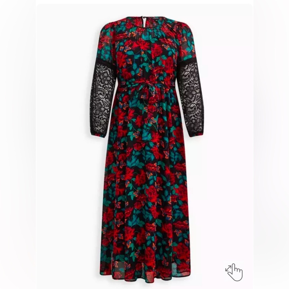 New! Torrid sz 3 Maxi Peasant Dress‎ Chiffon Floral Black 3X